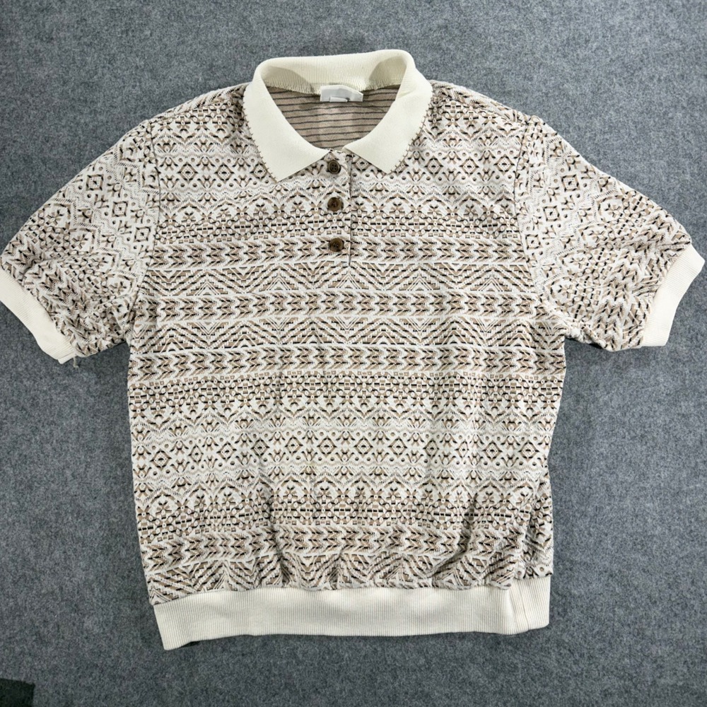Vintage Alfred Dunner Womens Large Tan Geometric Knit Short Sleeve Polo Shirt